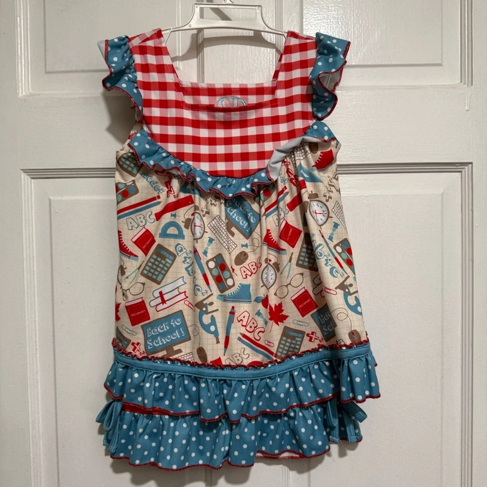 “B” Monogrammed 3T Back To School Girls Shorts Outfit Ruffles Polka Dot Gingham - Picture 2 of 3